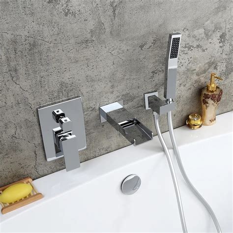 Modern Waterfall Wall Mount Solid Brass Bathtub Faucet Handshower In