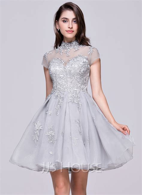 A Line Princess High Neck Short Mini Organza Tulle Homecoming Dress With Appliques Lace
