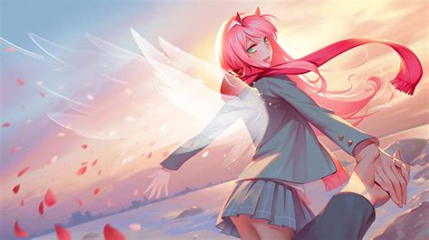 Darling In The Franxx Zero Two With Wings With Background Of Sunrise