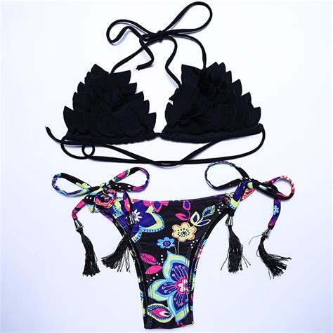 Tassel Print Sexy Thong Bikini Sets 2018 Straps Women Swiming Suit Push