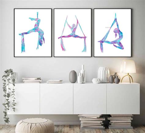 Set Of 3 Aerial Lady Silky Art Silks Yoga Print Watercolor Etsy