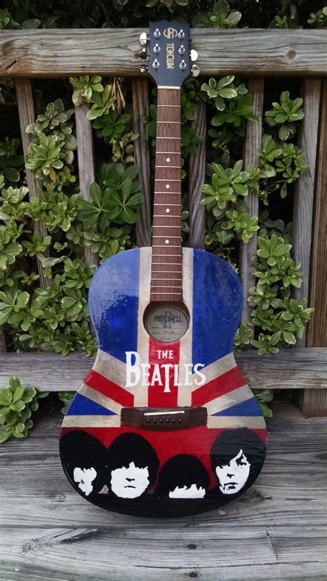 Hand Painted Acoustic The Beatles Singing Group Guitar With Case