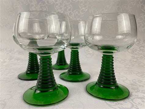 5 Large Green Stemmed Wine Glasses Green Colored Ribbed Stem Roemer Glasses Vintage Mid