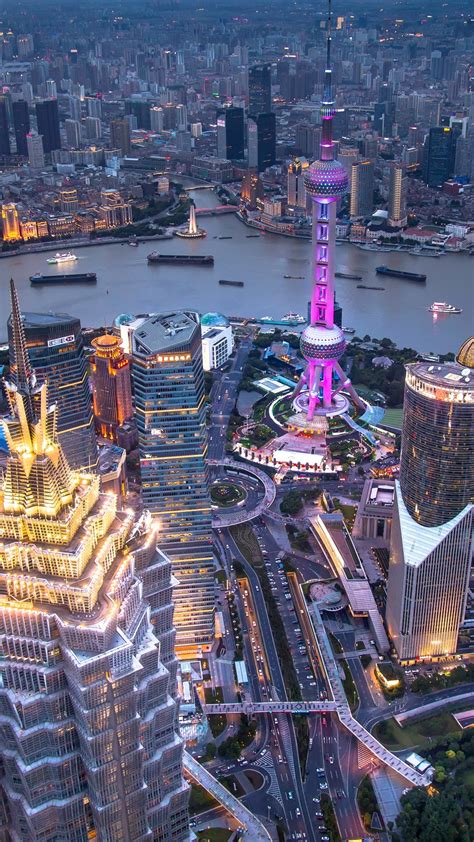 Fonds Décran Chine Shanghai Gratte Ciel Soirée Ville Rivière
