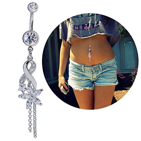 Mutreso Belly Button Navel Ring Surgical Steel Crystal Flower Dangle