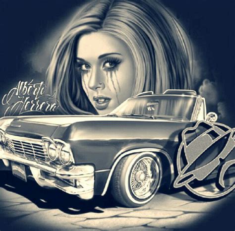 Chicano Art Woman And Classic Car Drawing