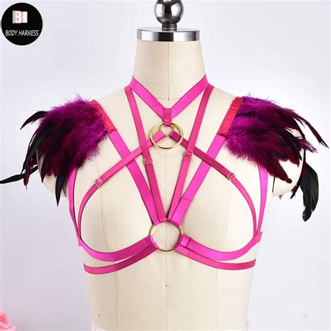 women festival feathers cage bra epaulettes bondage body harness shoulder feather lingerie