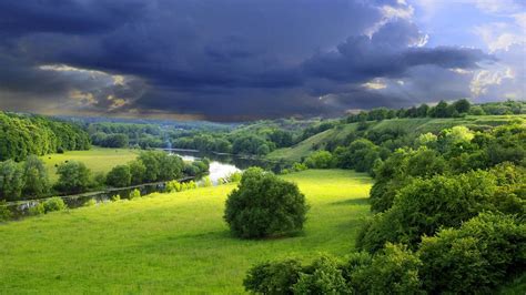River Between Green Grass Field With Trees Under Cloudy Sky Hd Nature Wallpapers Hd Wallpapers
