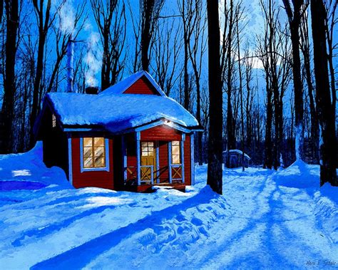 Red Cabin In The Snow Winter Night Art Print By Artist Mark Tisdale