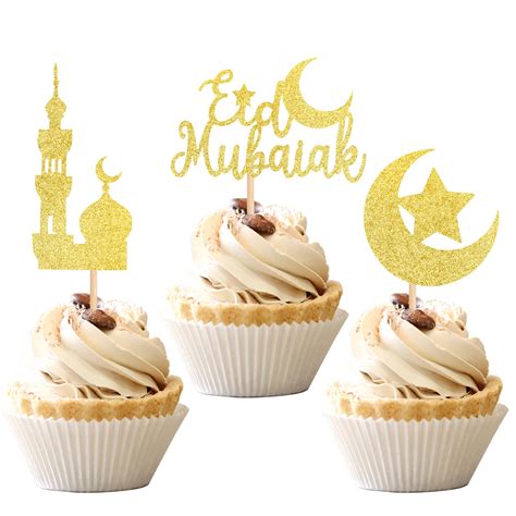 Buy 24 Pcs Eid Mubarak Cupcake Toppers Gold Glitter Moon Star Ramadan