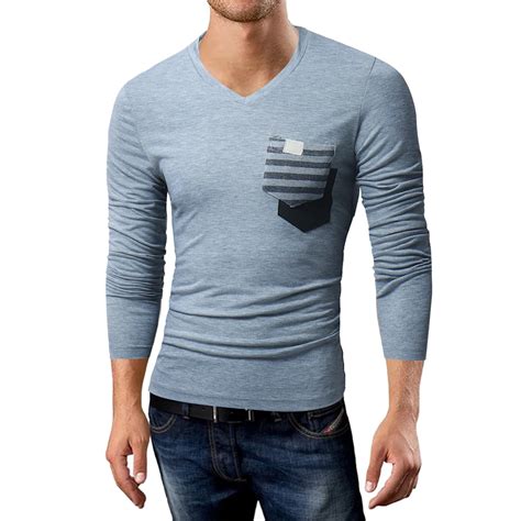 2018 New Men T Shirts Long Sleeve Casual V Neck Front Pocket Design Tee