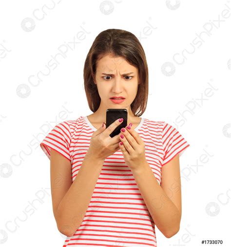 Shocked Woman Looking At Mobile Phone Emotional Girl Isolated On