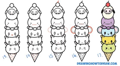 Looking at photo i searched for the heaviest parts (with the most of. How to Draw Cute Kawaii Animals Stacked in Ice Cream Cone Easy Step by Step Drawing Tutorial for ...
