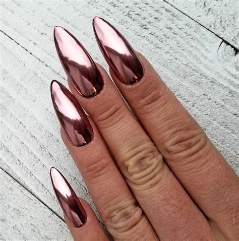 Rose Pink Chrome Nails Glossy Finish Fake Nails Press On Etsy Gold