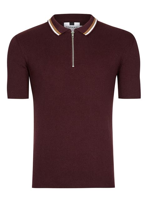 Burgundy Short Sleeve Zip Muscle Polo Knit Clothes Mens Tshirts Topman