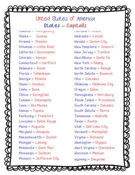 Printable study charts, tables, flash cards | state capitals chart. States and Capitals by Cantrellin2nd | Teachers Pay Teachers