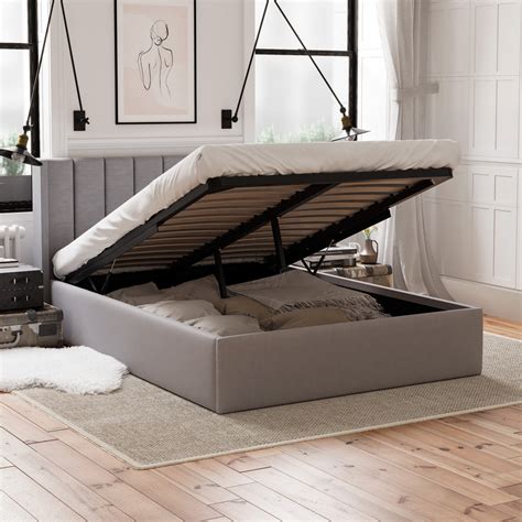 Emilie Gas Lift Storage Wing Bed Frame Grey Fabric Tommy Swiss