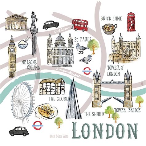 Illustrated Map Of Famous London Landmarks Illustrated Map London