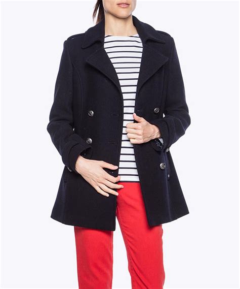 Womens Pea Coat For Ladies Navy Wool Double Breasted Reefer Jacket Uk