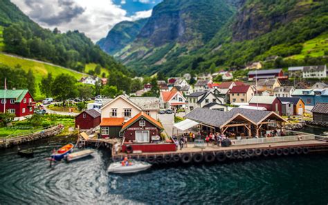 تحميل خلفيات النرويج 4k المدينة الصيف الجبال Tilt Shift أوروبا