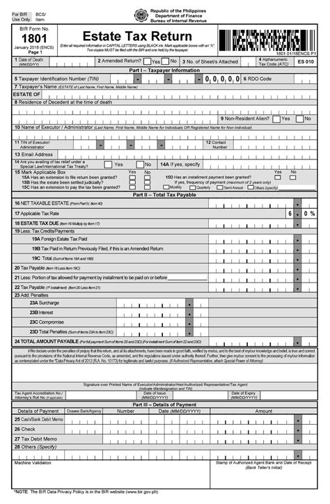 Bir Form 1801 Estate Tax Return 2018 Version For Bir Use Only Bcs