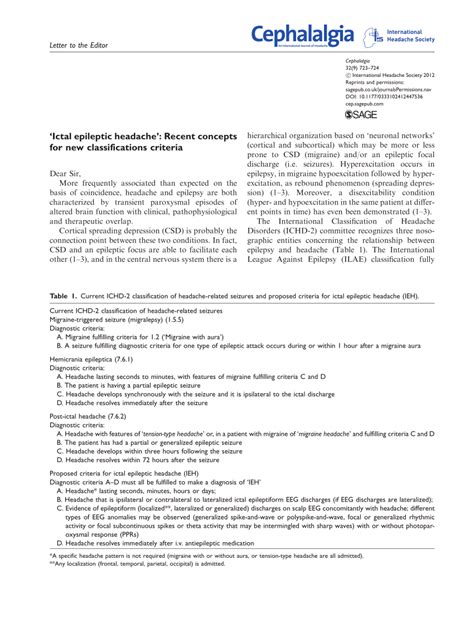 Pdf Ictal Epileptic Headache Recent Concepts For New Classifications Criteria