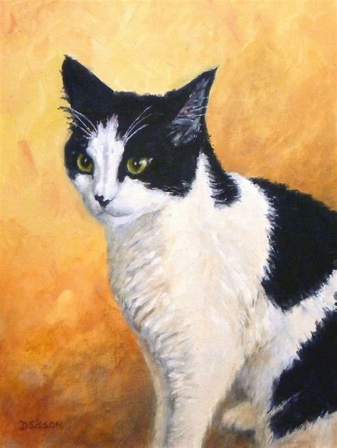 A Painting Of A Black And White Cat With Green Eyes Sitting On A Yellow