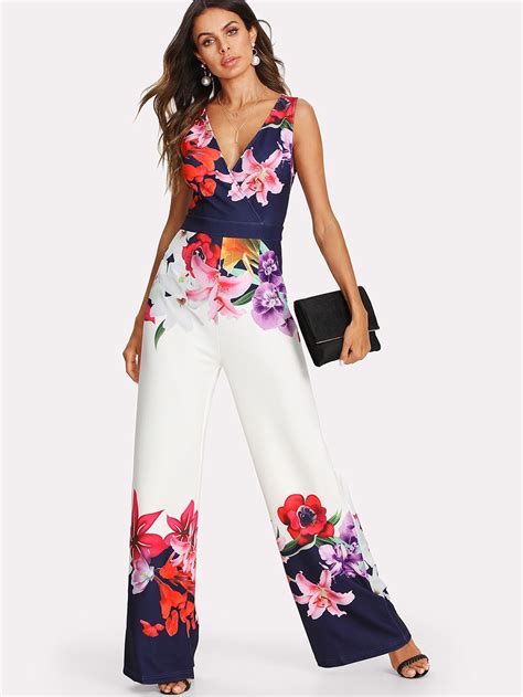 Shein Flower Print Zip Back Sleeveless Jumpsuit Jumpsuit Fashion White Wide Leg Jumpsuit