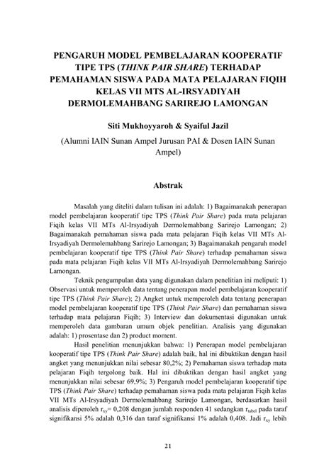 Pdf Pengaruh Model Pembelajaran Kooperatif Tipe Tps Think Pair Share