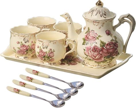 Yolife Red Rose Ivory Ceramic Tea Set Vintage Tea Set With Teapot