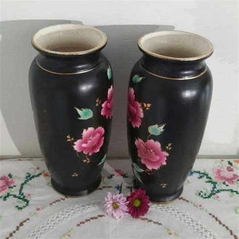 Vintage Antique Black Vase With Pink Hand Painted Flowers Made By Foch