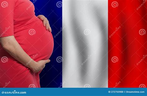 French Pregnant Woman Belly On French Flag Background Stock Photo