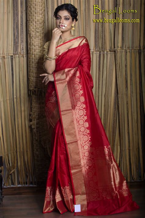 Pure Handloom Katan Silk Banarasi Sari In Red And Gold Indian Sari