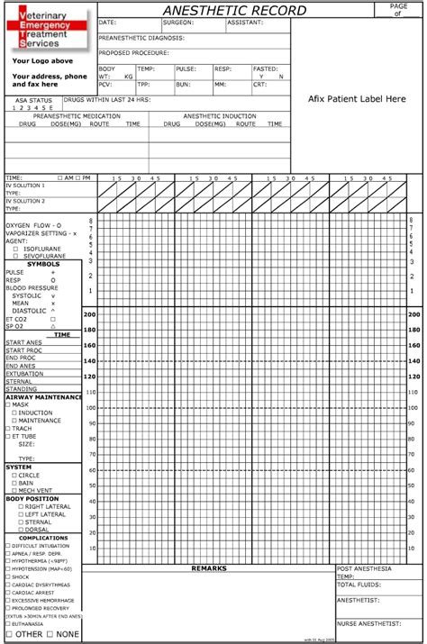 Printable Veterinary Anesthesia Monitoring Sheet