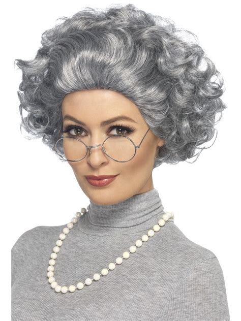 Women Old Lady Wig Curly Short Gray Hair Grandma Granny Cosplay Fancy Dress