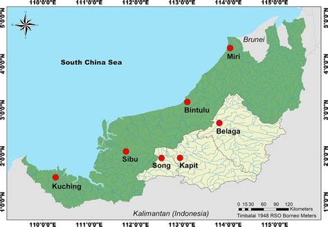 Map Of Sarawak State Malaysian Borneo Showing Major Rivers And