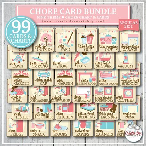 Printable Chore Cards And Chart For Children 99 Total Pink Etsy