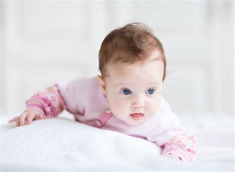 Little Baby Girl Enjoying Tummy Time Pink Cardigan Stock Photos Free
