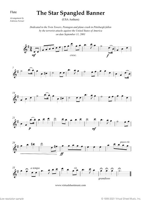 The Star Spangled Banner Usa Anthem Sheet Music For Flute Oboe