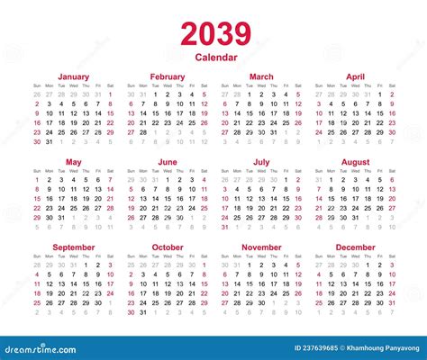Calendário 2039 Calendário Anual Do Vetor De 12 Meses No Ano 2039