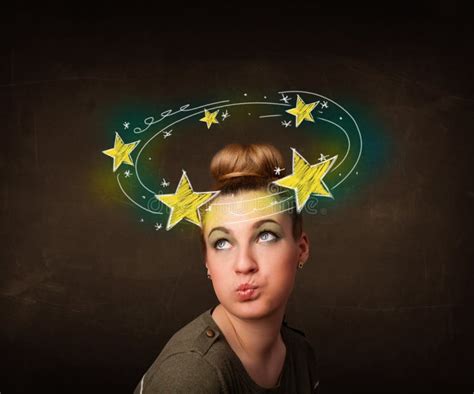 Girl With Yellow Stars Circleing Around Her Head Illustration Stock