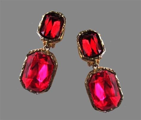 Ruby Red Glass Dangle Earrings 1980s Kaleidoscope Effect