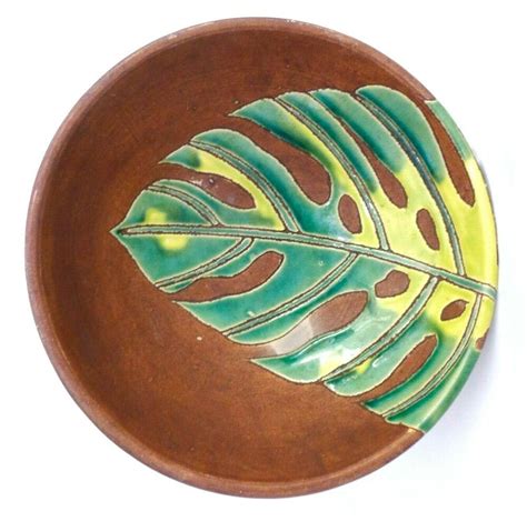 Modernist Vint Hawaiian Tiki Glazed Dec Ceramic Bowl W2 Sided Tropical