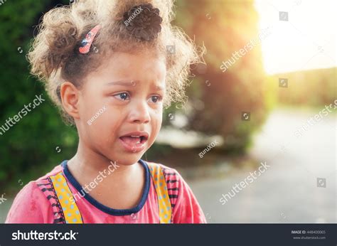 Portrait Little Girl Crying Tears Rolling Stock Photo 448400065