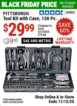 Find exclusive hot deals, save money by checking our app everyday for new coupons, deals and discount offers, not only in black friday but also for noel, new year or sold. PITTSBURGH 130 Pc Tool Kit With Case for $29.99 - Harbor ...