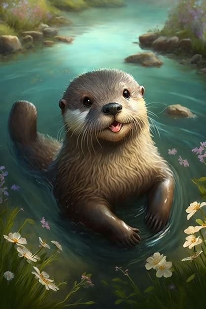 Premium Photo A Otter Swimming In A Pond With Flowers On The Bottom