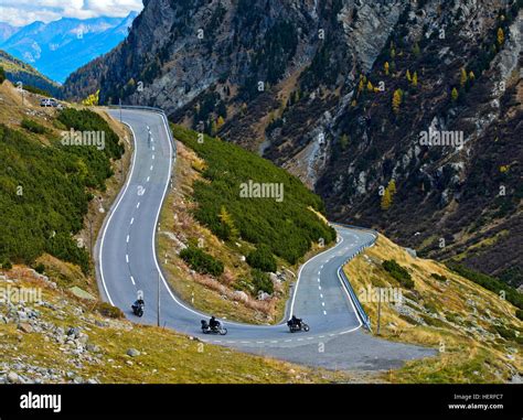 Motorcycles In A Hairpin Curve On Mountain Road Flüela Pass Davos