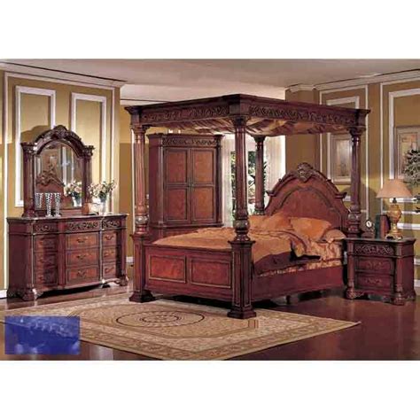 Traditional Cherry Wood King Poster Canopy Bedroom Set With Marble Top