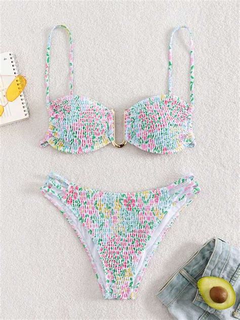 Shein Swim Mod Floral Print Smocked Bikini Swimsuit Shein Usa
