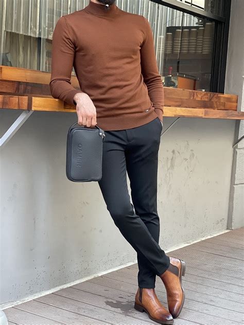 Brown Slim Fit Mock Turtleneck Sweater By